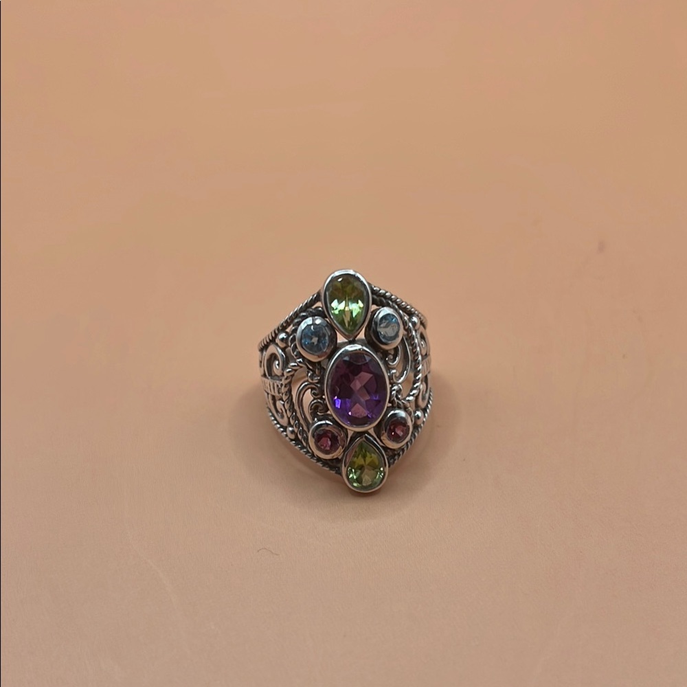 Elegant Artsy Silver Amethyst and Topaz Ring